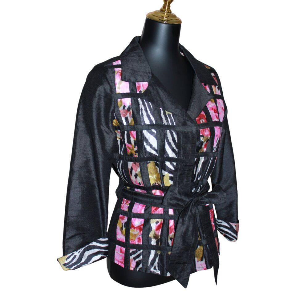 Yak Magik Black Silk Floral Zebra Belted Jacket XS